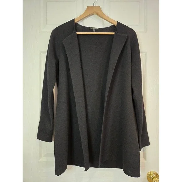 Eileen Fisher Open Front 100% Wool Cardigan Jacket Black Size XS‎ Tunic Length - Picture 2 of 8
